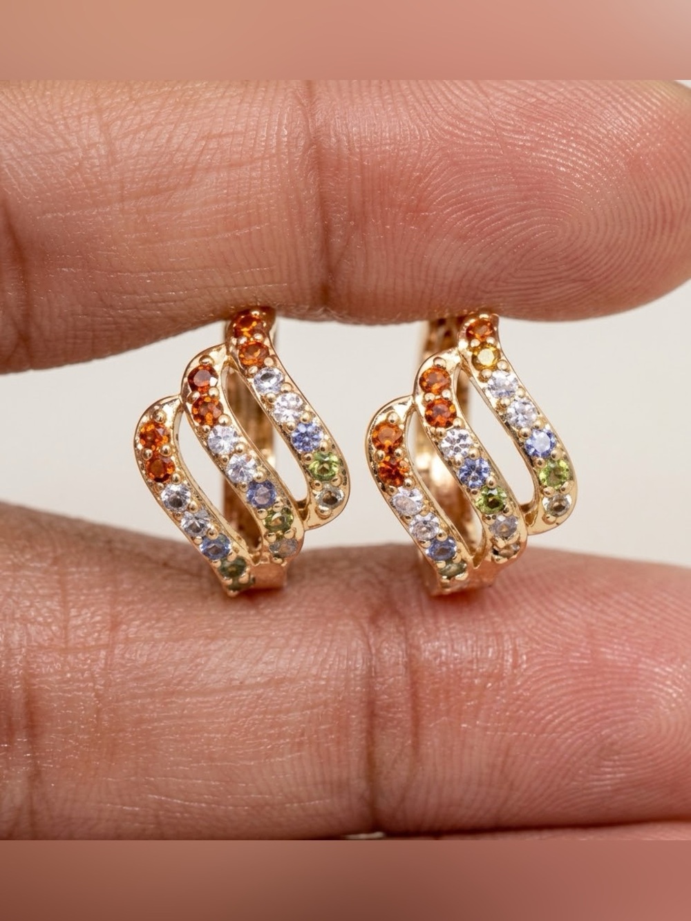 Gold plated CZ Multicolor Crystal Wave Hoop Earrings